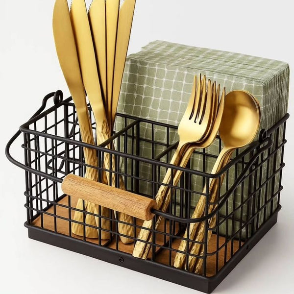 4-in-1 Cutlery Holder with Handle — Metal with Bamboo Base, Arvani Home Essentials