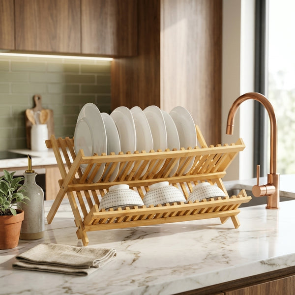 Bamboo 2-Tier Foldable Dish Rack