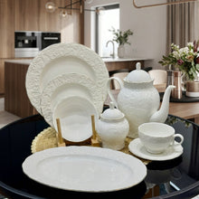 39-Piece White Embossed Porcelain Dinner Set with Gold Rim