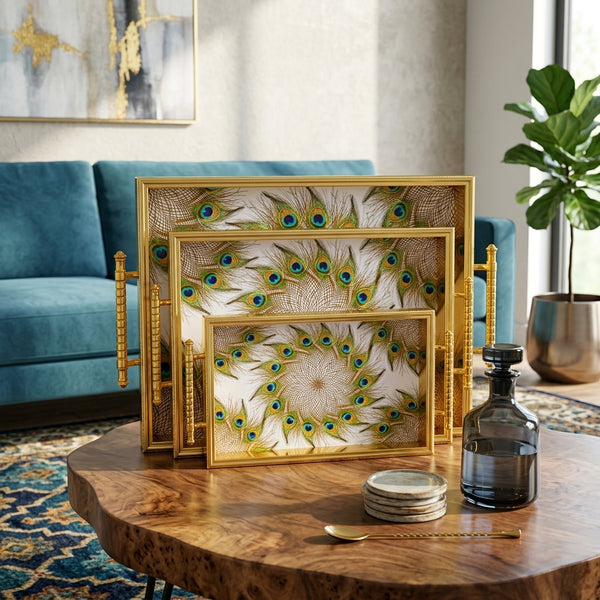3-Piece Gold Peacock Design Serving Tray Set