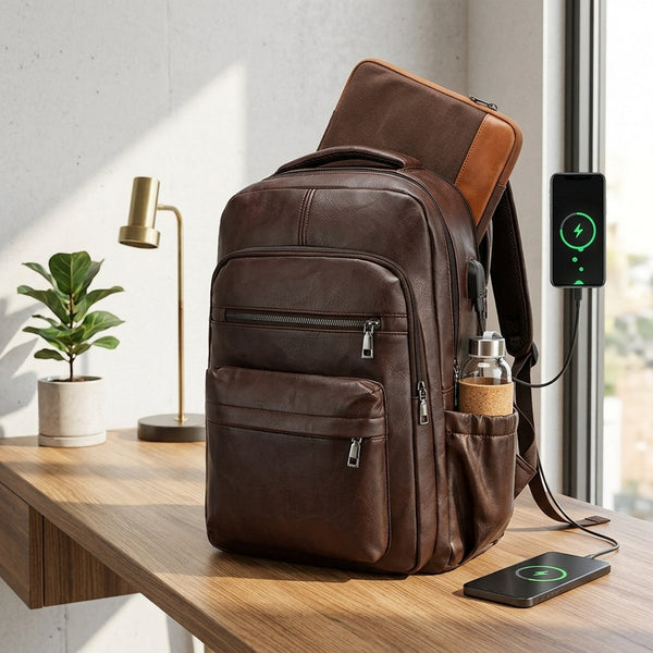 Men's USB Charging Laptop Backpack – Large-Capacity PU Leather School & Travel Bag