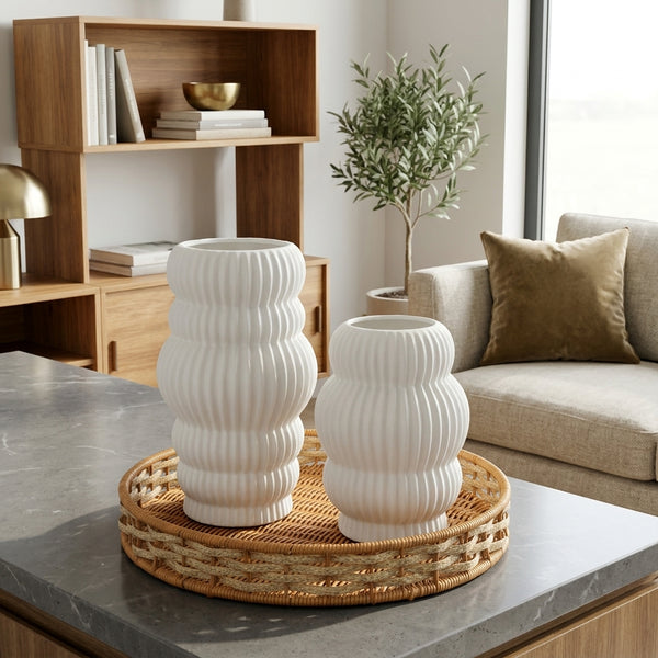Set of 2 White Ribbed Ceramic Vases