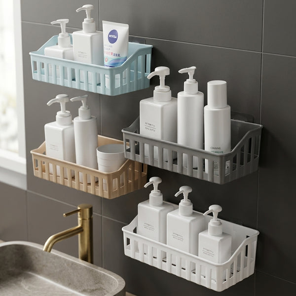 Non-Drill Bathroom & Kitchen Corner Shelf – Wall-Mounted Plastic Storage Organizer