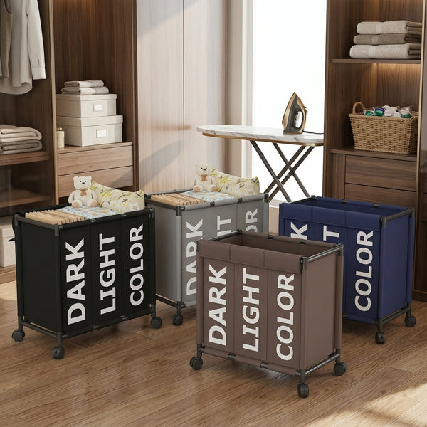 3-Grid Laundry Hamper with Lockable Rolling Wheels
