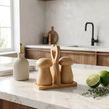 Mushroom-Shaped Salt & Pepper Shaker Set with Bamboo Stand – view 2