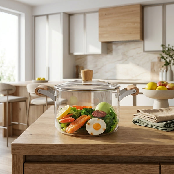 4.5L Borosilicate Glass Cooking Pot with Bamboo Handle