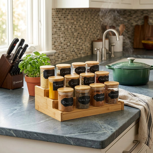 12 Piece Glass Spice Jar Set with Wooden Bamboo Stand
