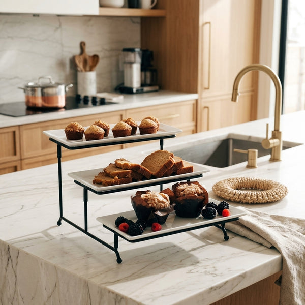 3-Tier Food Serving Tray Set with White Stoneware Platters