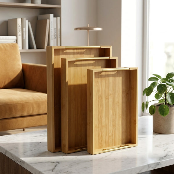 3-Piece Bamboo Serving Tray Set with Gold Handles