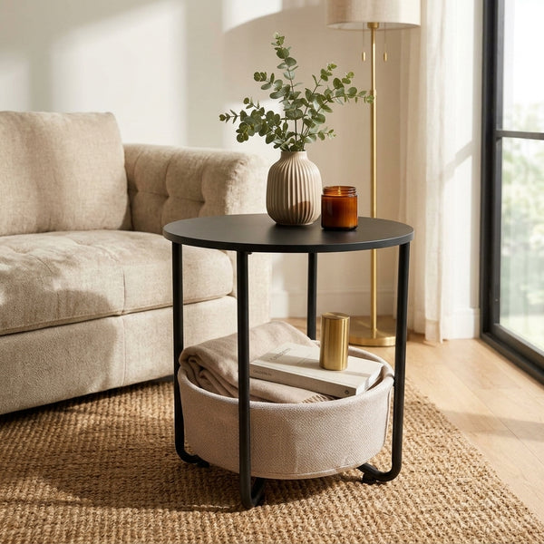 Modern Round Side Table with Lower Fabric Storage Basket