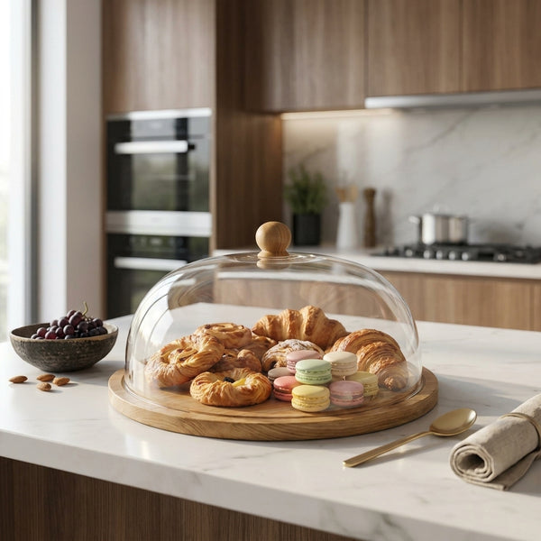 30cm Glass Cake & Snack Dome with Bamboo Tray