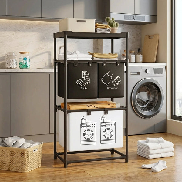 4-Grid Laundry Basket with Storage Rack