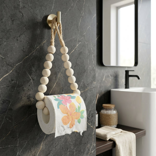 Natural Wood Beaded Toilet Paper Holder