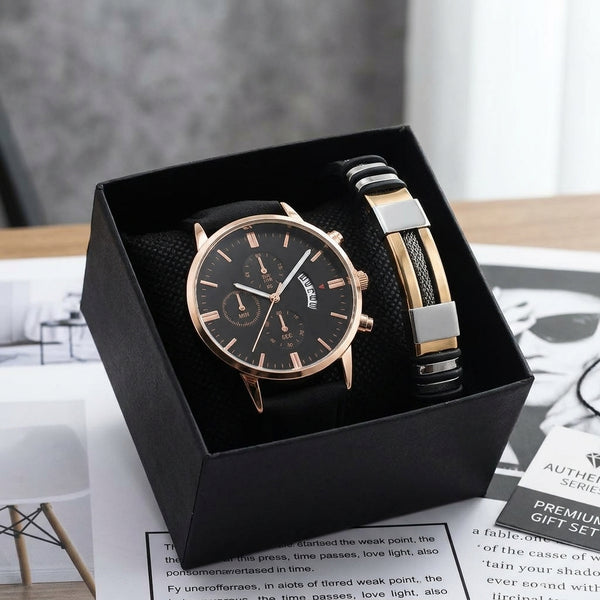 Men's Quartz Calendar Watch and Braided Leather Bracelet