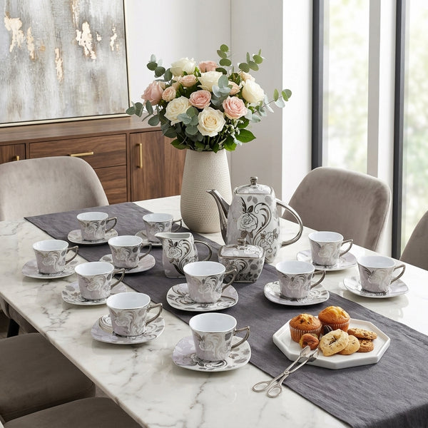Elegant Floral Print Tea Set with Teapot and Cups