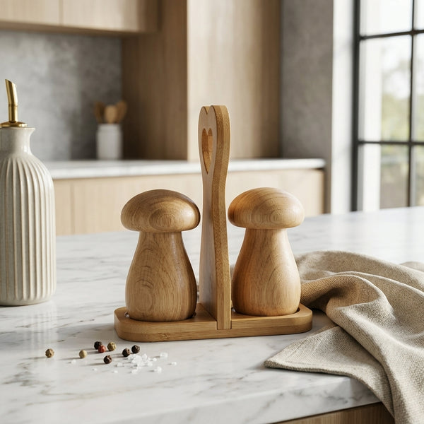 Mushroom-Shaped Salt & Pepper Shaker Set with Bamboo Stand