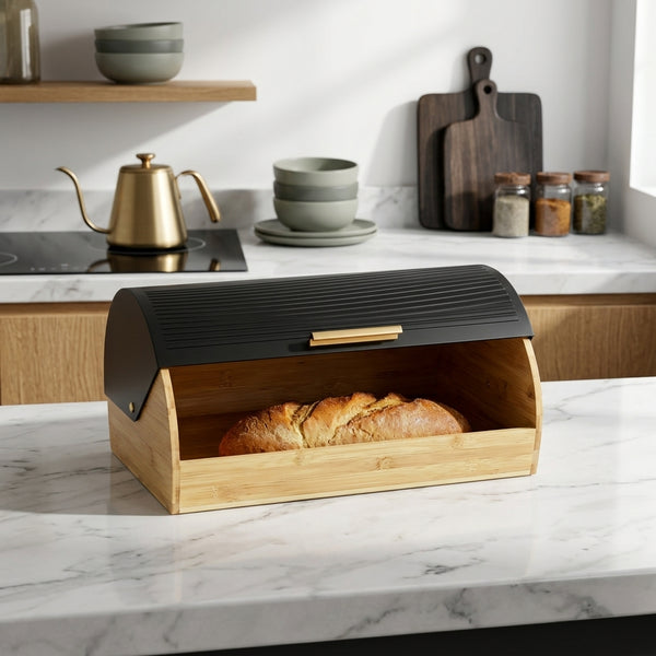 Bamboo Bread Box with Black Roll-Top Lid