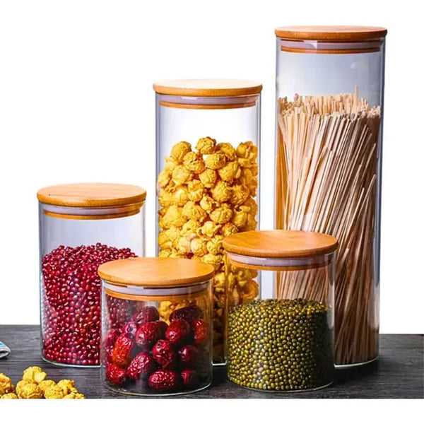 5PC Round Glass Storage Jar Set with Bamboo Lids — High Borosilicate Glass & Bamboo, Arvani Home Essentials