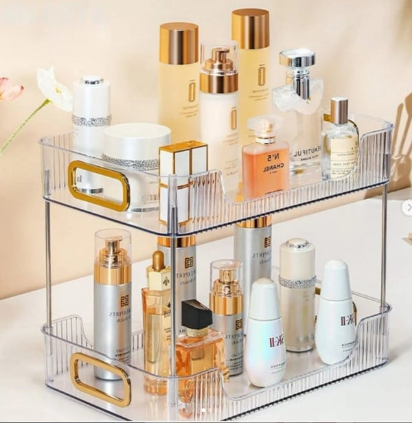 2 Layer Multipurpose Gold Organiser / Storage Jewelry Holder Cosmetics Vanity Tray — PET+stainless steel, Arvani Home Essentials