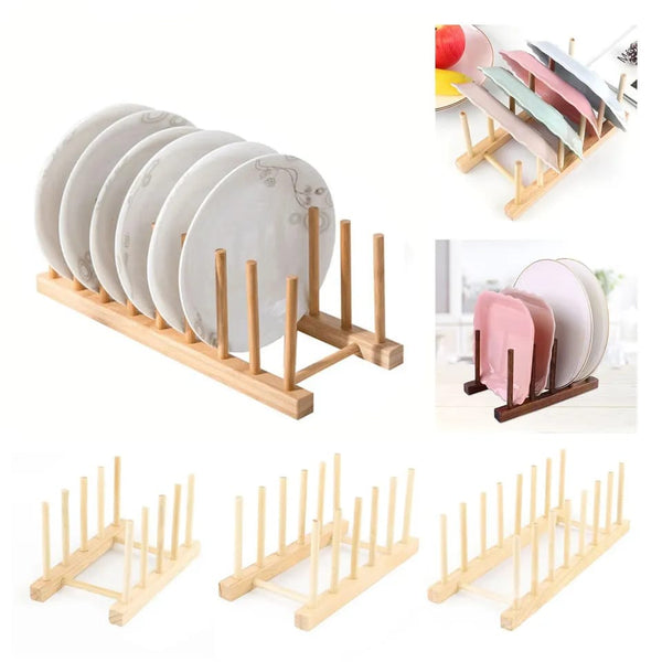 Bamboo plate holder rack holding upright plates in a kitchen