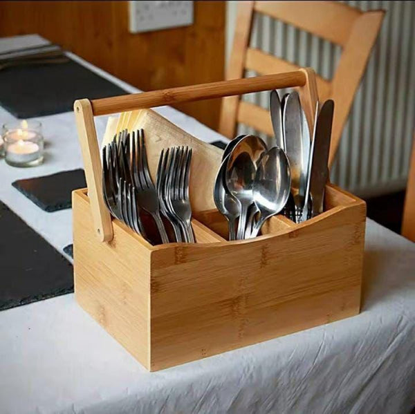 Portable countertop/kitchen cutlery organizer with handle — bamboo , Arvani Home Essentials