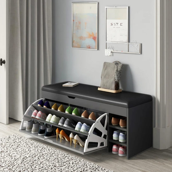 Modern Bucket flip shoe cabinet with seat changing stool bench — Black and Grey, Arvani Home Essentials