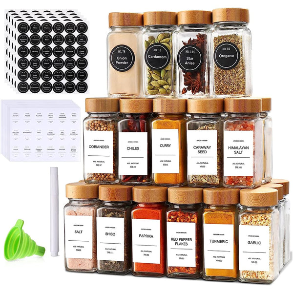 29pcs SET GLASS STORAGE SPICE & JARS WITH BAMBOO LID — Glass, Bamboo, Arvani Home Essentials