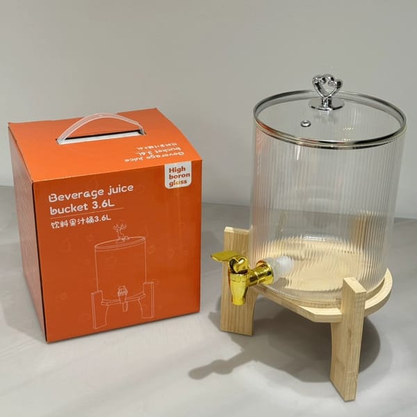3.6L Ribbed Juice Dispenser with Bamboo Stand — Ribbed glass + bamboo stand + stainless steel tap, Arvani Home Essentials