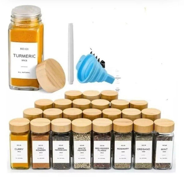 29PC SET GLASS STORAGE SPICE JARS WITH BAMBOO LID — Glass, Bamboo, Arvani Home Essentials