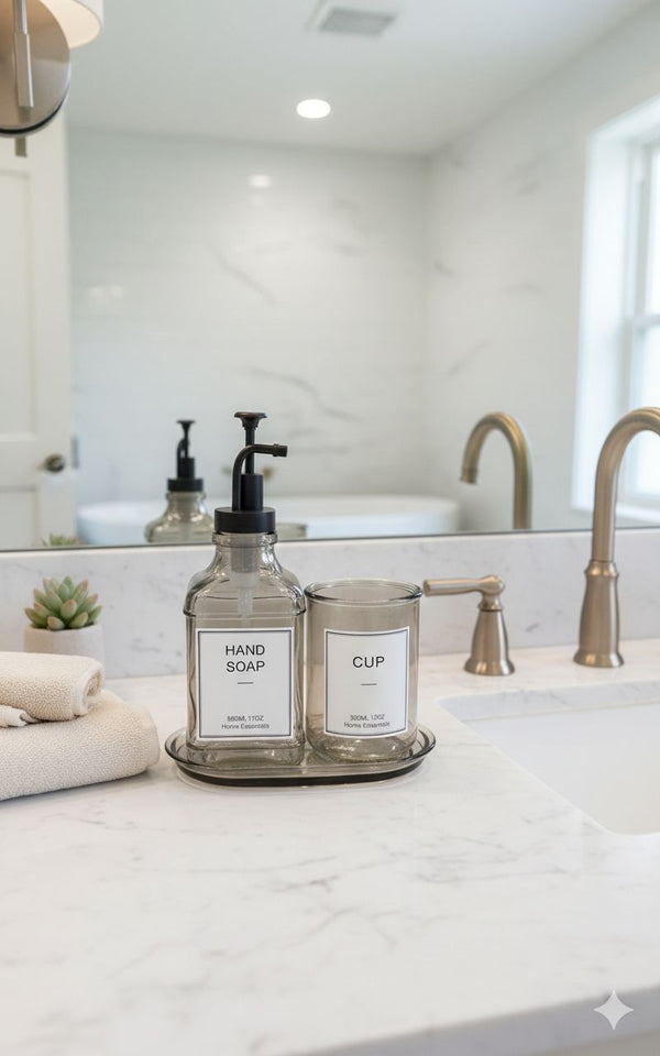 3 pcs sleek glass soap dispenser — Glass, Arvani Home Essentials