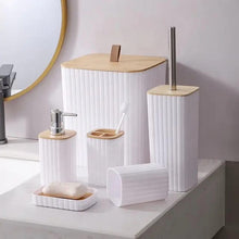 6-in-1 Bathroom Accessories Set with Wooden Top shown from another angle (Wooden)