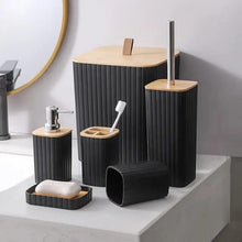 6-in-1 Bathroom Accessories Set with Wooden Top — Wooden, Arvani Home Essentials