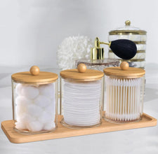 3pcs Acrylic Swab Storage Organizer Set with Bamboo Holder shown from another angle (Acrylic, Bamboo)