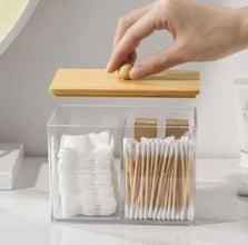Acrylic Earbuds / Swab Organizer with Bamboo Cover (Partitioned) shown from another angle (Acrylic, Bamboo)
