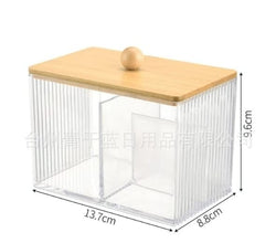 Acrylic Earbuds / Swab Organizer with Bamboo Cover (Partitioned) shown from another angle (Acrylic, Bamboo)