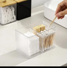 Acrylic Earbuds / Swab Organizer with Bamboo Cover (Partitioned) shown from another angle (Acrylic, Bamboo)