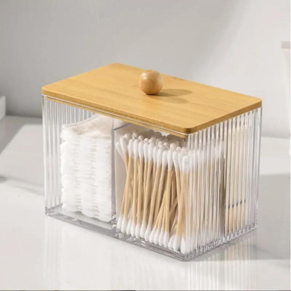 Acrylic Earbuds / Swab Organizer with Bamboo Cover (Partitioned) — Acrylic, Bamboo, Arvani Home Essentials