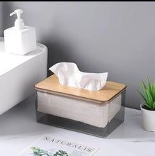 Acrylic Transparent Serviette Holder with Bamboo Cover shown from another angle (Transparent acrylic with bamboo cover)