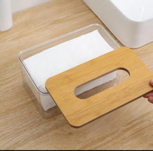 Acrylic Transparent Serviette Holder with Bamboo Cover shown from another angle (Transparent acrylic with bamboo cover)