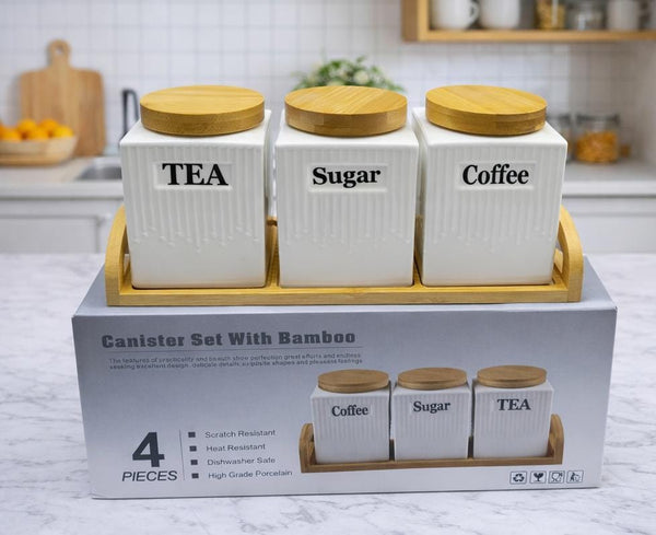 3pc Ceramic Canister Set with Bamboo Lids Tray — Ceramic, Bamboo, Arvani Home Essentials