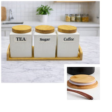 3pc Ceramic Canister Set with Bamboo Lids Tray shown from another angle (Ceramic, Bamboo)