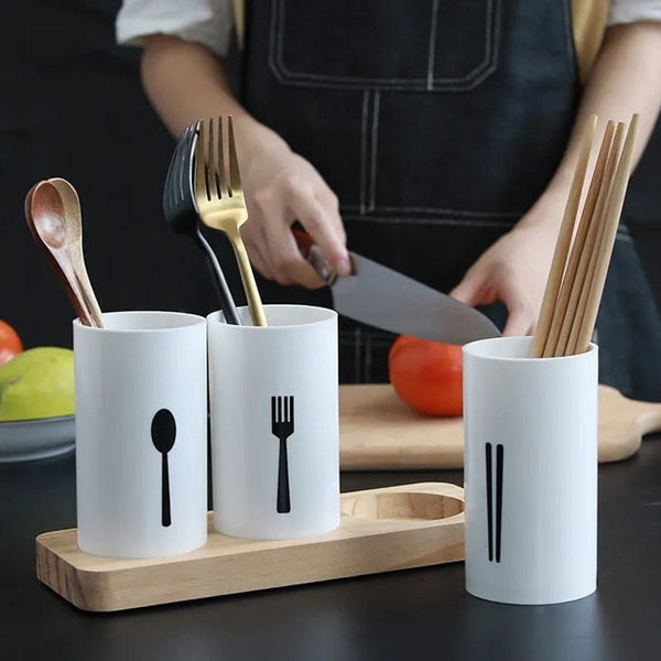 3pc cutlery organizer with oak base — Dinnerware, Arvani Home Essentials