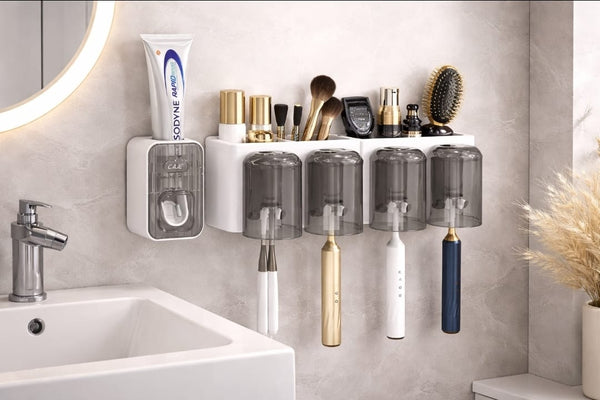 Toothbrush /Toothpaste dispenser with 4 cups — Bathroom & Laundry Storage, Arvani Home Essentials