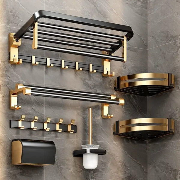 7pcs Black and Gold Multifunctional Aluminum Bath Towel Storage Rack Set Bathroom Storage Rack — Aluminum, Arvani Home Essentials