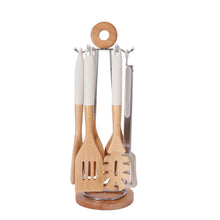 6pcs premium bamboo spoon set with stand shown from another angle (Bamboo)