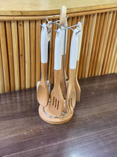 6pcs premium bamboo spoon set with stand shown from another angle (Bamboo)