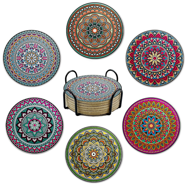 6PC Mandala Print Drink Coasters with Metal Stand — Absorbent Coaster with Metal Holder, Arvani Home Essentials