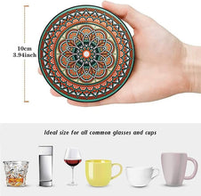 6PC Mandala Print Drink Coasters with Metal Stand shown from another angle (Absorbent Coaster with Metal Holder)