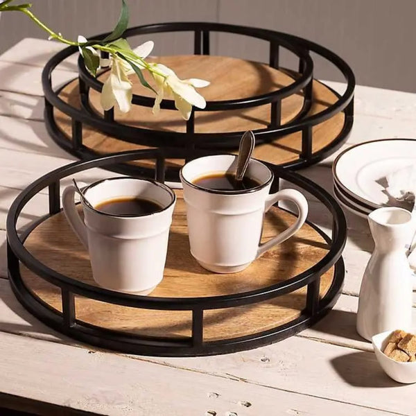 Acacia Wood Tray with Steel Sides – 42cm — Acacia Wood & Steel, Arvani Home Essentials