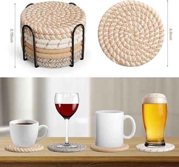 8PC Absorbent Cotton Woven Drink Coasters with Metal Stand — Absorbent Cotton, Arvani Home Essentials